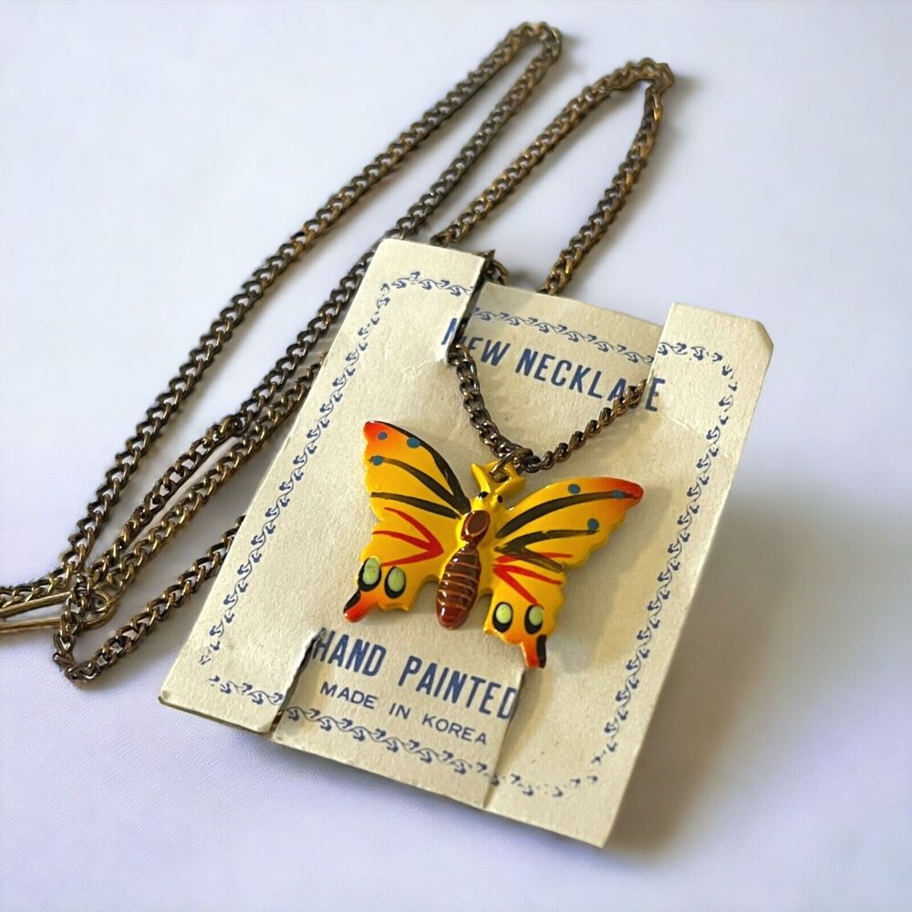 Vintage 70s Hand Painted Yellow Butterfly Necklace Made in Korea Deadstock